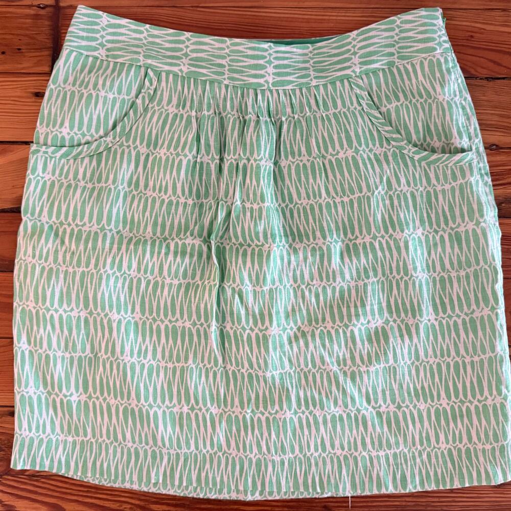 Boden Green White Geometric Linen Skirt A-line pockets, Side Zip, Lined 12